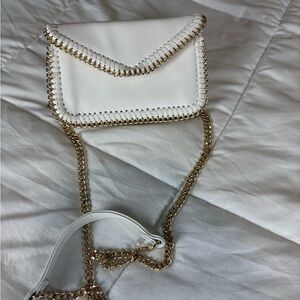 Sondra Roberts White Faux Leather Crossbody Clutch Gold Chain Trim Small Bag